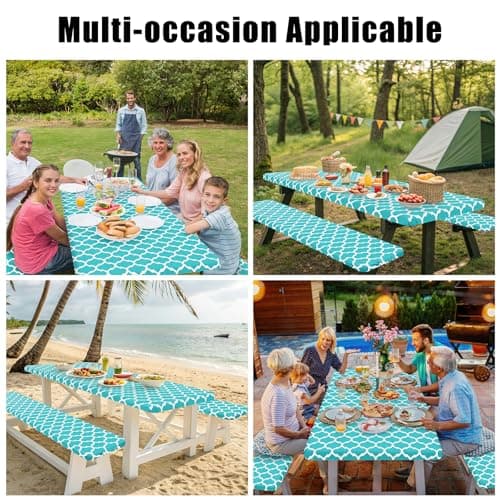 Smiry Picnic Table Cover with Bench Covers, Waterproof Elastic Fitted Tablecloth for 6 Foot Tables, Washable Polyester Tablecloths for Camping, Indoor & Outdoor (Teal, 30x72 Inch 3-pc Set) - Thumbnail 6