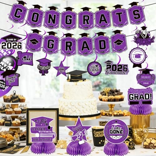 2026 Graduation Decorations Set Congrats Grad Banner Class of 2026 Backdrop Balloons Swirls Honeycomb Centerpieces Purple Graduation Party Supplies for High School College Grad Decor - Thumbnail 6