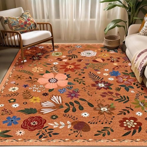 Washable Area Rugs, Floral Rug, Large Carpet for Living Room Bedroom,8'x 10',Orange - Image 1