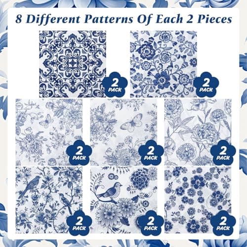 16 Pcs 8 Styles Decoupage Napkins, Blue and White Floral Paper Napkins Chinoiserie Decorative Cocktail Napkin Pretty Printed Cocktail Paper for DIY Crafting Furniture Decor Birthday Party Baby Shower - Thumbnail 5