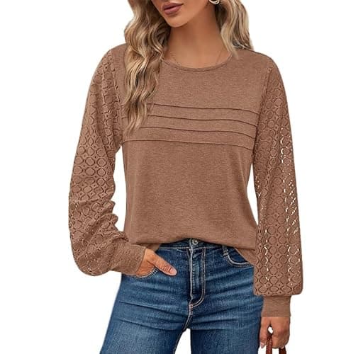 BTFBM Women's Long Sleeve Shirts Dressy Lace Fall Tops 2026 Trendy Business Casual T-Shirts Cute Work Outfits Blouses(Light Brown, Large) - Image 1