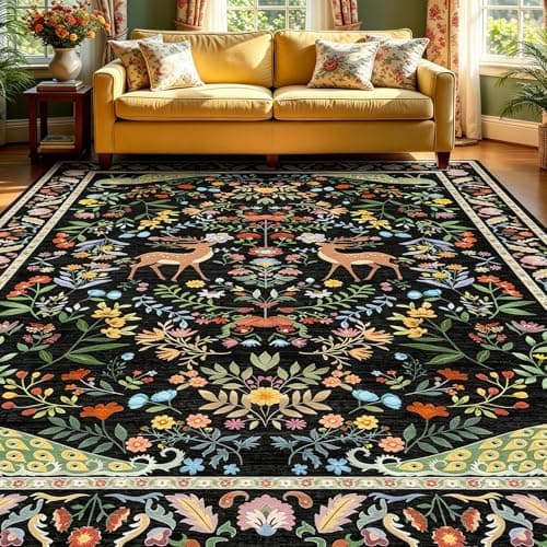 5x7 Black Washable Rug for Living Room - Foyer Rugs for Entryway, Bedroom, Home Office, Floral Indoor Décor - Thumbnail 2