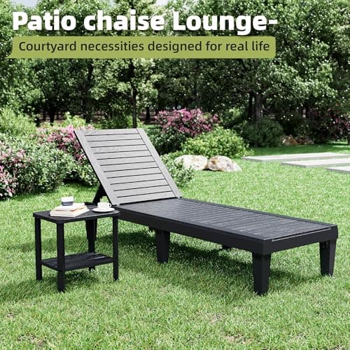 NBYSGO Outdoor Lounge Chairs Set of 2, 5-Position Adjustable Tanning Chairs with Wood Grain, All-Weather Resin Patio Recliners for Pool, Garden, Deck, Beach, Patio Lounge Chairs, Texture Black - Thumbnail 6