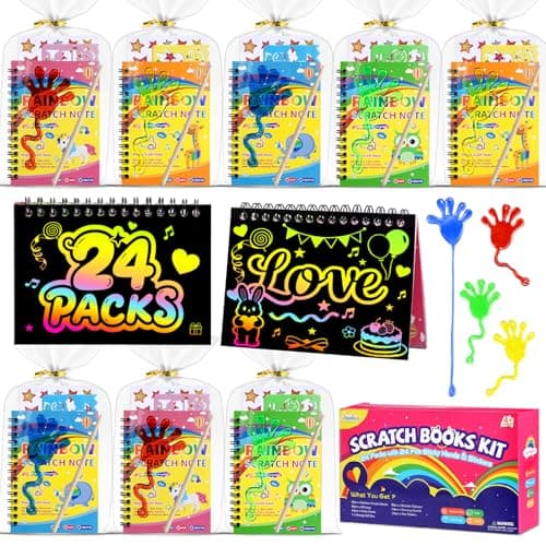 JMMICO 24*3 Pack Scratch Art Notebook+Sticky Hands+Stickers,Party Favors for Kids 4-8-12,Return Gifts for Birthday Party,Goodie Bags Stuffers, End of the Year Gifts for Students - Image 1