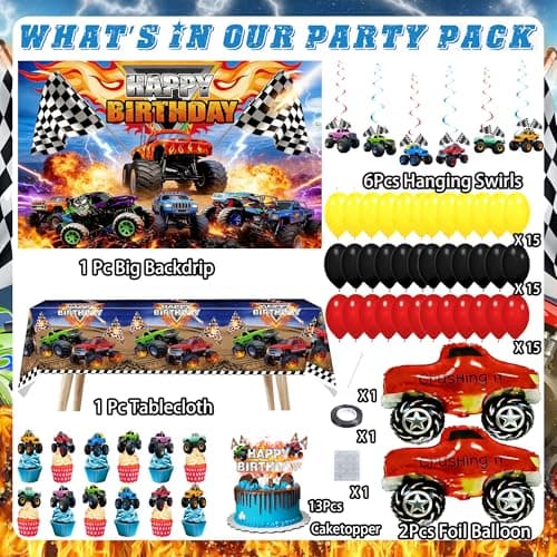 Truck Birthday Party Decorations Kit – 77Pcs Truck Theme Supplies with Reusable Backdrop, Hanging Swirls, Table Cover, Truck Foil Balloons, Cake Toppers & Latex Balloons for Truck Party, Room Decor - Thumbnail 2