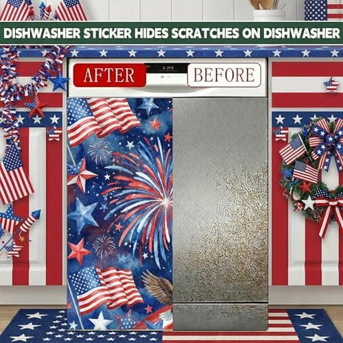 4th of July Decorations Magnetic Dishwasher Cover 23"x26" - Starry Night Fireworks & Eagle Kitchen Decor - American Flag Fabric Fridge Panel - Thumbnail 4