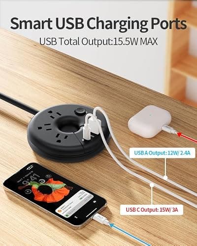 Extra Long Extension Cord 15 ft, NTONPOWER Flat Plug Power Strip with 3 Outlets 3 USB Ports(1 USB C), Flat Plug Power Strip, Extension Cord with Multiple Outlets for Lndoor, Home, Office, Dorm - Thumbnail 5