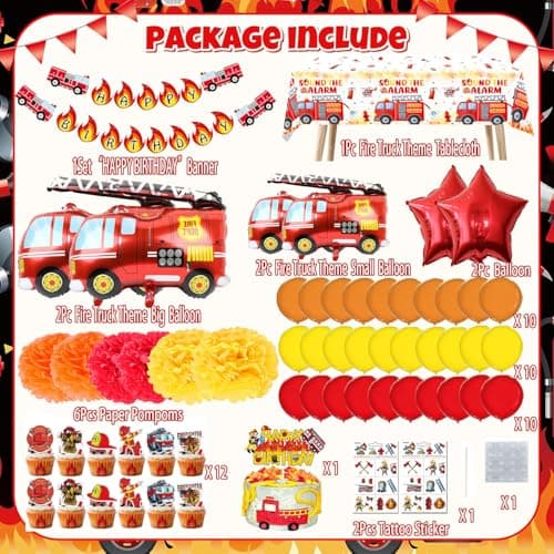 Fire Truck Birthday Party Decorations Kit – Fire Truck Balloons, Firefighter Theme Supplies with Banner , Table Cover, Cake Toppers, Tattoo Stickers for Kids & Boys - Thumbnail 3