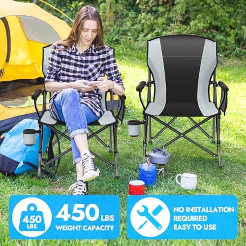 2 Pack Oversized Folding Camping Chair for Adults, Supports 450 LBS Camping Chairs, Heavy Duty Camping Chair with Side Pockets, Foldable Outdoor Chair for Camping, Beach, Fishing, Hiking, Black-Gray - Thumbnail 4
