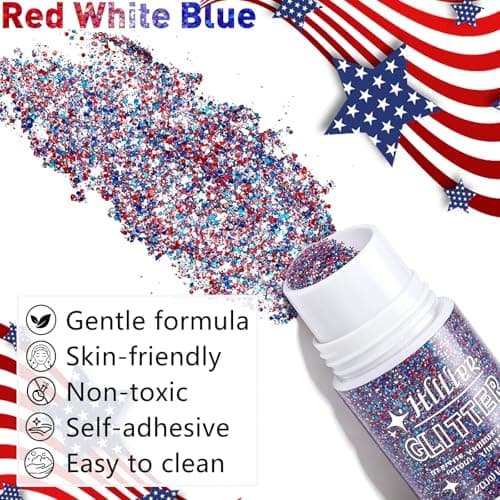 Red White and Blue Body Glitter Gel,4th of July Accessories Roll-on Face Glitter,Sparkling Face Hair Glitter for 4th of July Outfits Women Kids,Patriotic Glitters President's Day Rave Festival Makeup - Thumbnail 5