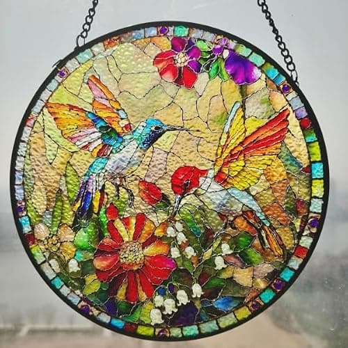 Stained Glass Window Hanging, Hummingbird Gifts Sun Catcher, Sun Catchers Indoor Window, Colorful Glass Panel,Suncatcher Room Decor,Gifts for Grandma Mom Wife,Aunt Birthday Gifts for Women 7.8in - Thumbnail 4