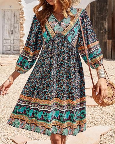 BTFBM Women Casual Spring Summer Dresses V Neck 3/4 Long Sleeve Ruffle Floral Flowy Boho Babydoll Mini Short Beach Dress(Floral Black, Medium) - Thumbnail 3
