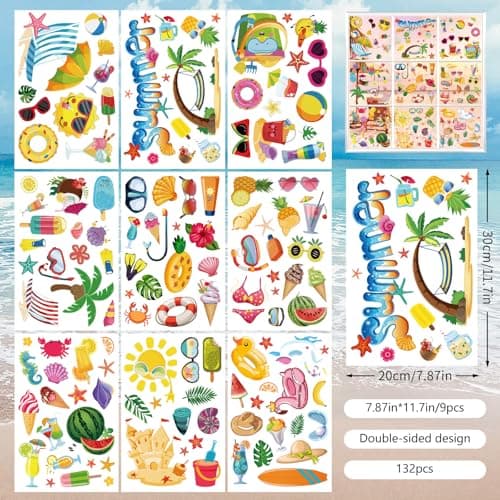 ​132PCS Summer Window Clings,Reusable Double-Sided Spring Summer Window Stickers,Reusable Static Beach Clings,Vibrant Seasonal Window Decals for Tropical Home Decor (9 Sheets) - Thumbnail 4
