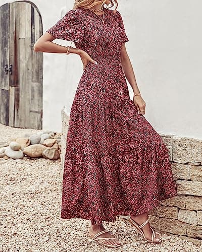 PRETTYGARDEN Women's Summer Casual Short Flutter Sleeve Round Neck Smocked Waist Tiered Boho Floral Flowy Maxi Dress(Floral Black and Red,XX-Large) - Thumbnail 3
