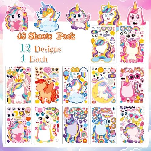 Unicorn Stickers 48 Sheets Unicorn Party Favors Birthday Decorations Crafts Gifts for Kids Toddlers Classroom Party Supplie Essentials Preschool Kindergarten - Thumbnail 4
