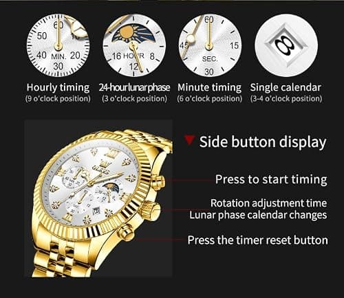 OLEVS Gold Watches for Men Luxury Large Dial Chronograph Gold Man Watch Waterproof Diamond Analog Quartz Nice Dress Watches Roman Numerals Relojes para Hombres - Thumbnail 4