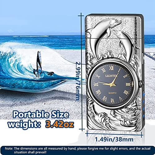 GADATOP Electric Lighters Rechargeable Cool Lighters Vintage Design Plasma Lighter with 3D Dolphin Clock LED Light for Camping Giving (Silver) - Thumbnail 4
