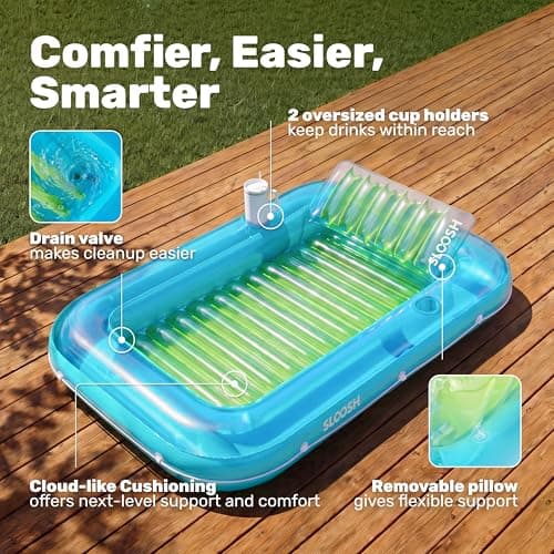 SLOOSH Inflatable Tanning Pool Lounger Float, 85" x 57" Extra Large Pool Floats Adult with Pillow, 4 in 1 Suntan Tub Raft Floatie,Sunbathing Bed Lounge for Water Blow Up Ball Pit, XL-Blue Green - Thumbnail 4
