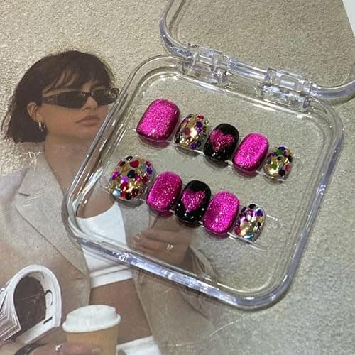 Short Square Press on Nails - Handmade Manicure Art Reusable False Nails 10pcs with Solid Nail Glue, Nail Adhesive Tabs, Strong Nail Glue (120-Medium) - Thumbnail 3