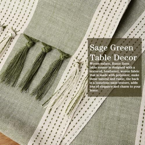 yuboo Sage Green Table Runner 72 Inches, Cotton Linen Farmhouse Dresser Runners for Bedroom, Rustic Woven Boho Coffee Table Decor with Tassels for Dining Room, Kitchen, Spring Holiday Party - Thumbnail 2