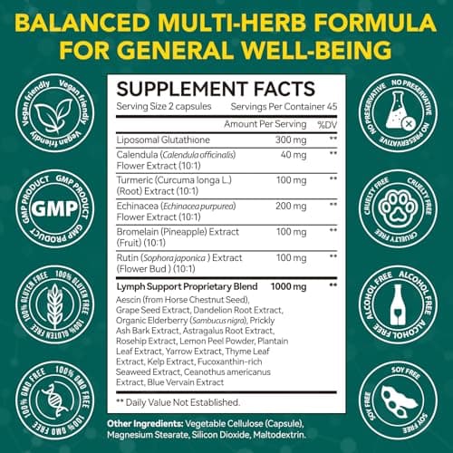 Lymphatic Drainage Supplements, Lymphatic Drainage Capsules - Wellness Complex 21 in 1 Aescia, Turmeric, Bromelain, Echinacea & More - Lymph System Support Capsules (90pcs(1 Pack)) - Thumbnail 6