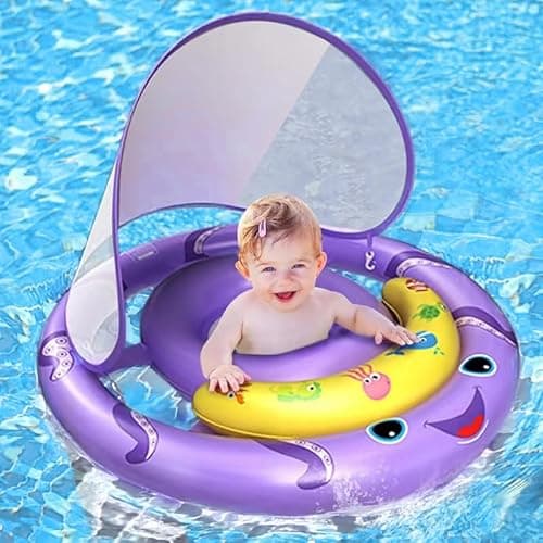 AnbQuik Baby Pool Float with Removable UPF50+ Sun Protection Canopy, Octopus Baby Swim Floats for 6-24 Months Infant, Extra Wide Dual Design, Adjustable & Breathable Seat