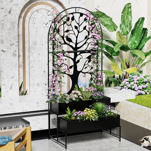 Arched Outdoor Planter Box with Trellis for Climbing Plants, 2 Tiers Metal Privacy Planters for Patio, Tall Raised Garden Bed with Legs, for Vegetables, Fruits, Balcony, 75.2 x 22 x 34.6 Inch, Black - Thumbnail 4