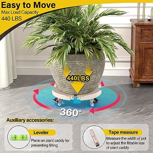 Goovilla Plant Stand with Wheels Heavy Duty, 1Pack Adjustable 15-22 Plant Caddy with Lockable Caster Wheels 440LBS, Rolling Plant Stand/Dolly/Roller for Indoor Outdoor Large Planter, Flower Pot,Beige - Thumbnail 2