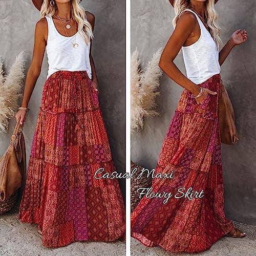EARKOHA Womens Casual High Waist Tie Paisley Print Long Maxi Skirt with Pockets Red-1 L - Thumbnail 5