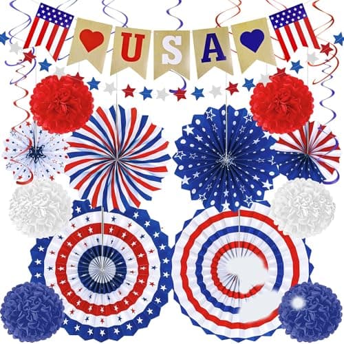 4th of July Decorations - 26 PCS Patriotic USA Banner | Star Streamer Paper Fans Hanging Swirls Pompoms Set for Memorial Day | 250th Anniversary Accessories Party Favors for Indoor Outdoor Home - Image 1