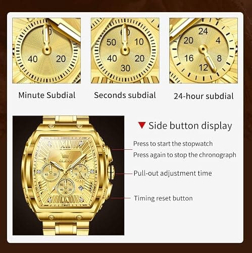 OLEVS Gold Watches for Men Luxury Large Face Rectangle Square Wrist Chronograph Waterproof Mens Watches Fashion Stainless Steel Dress Luminous Quartz Analog Moon Phase Calendar Relojes para Hombres - Thumbnail 6