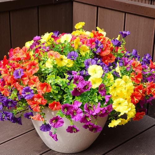 maxkes Artificial Flowers for Outdoors, UV Resistant Fake Silk Morning Glory, Realistic Faux Plants for Outside Porch Patio Window Box Hanging Planter (12, Purple Fuchsia Yellow Orange) - Image 1