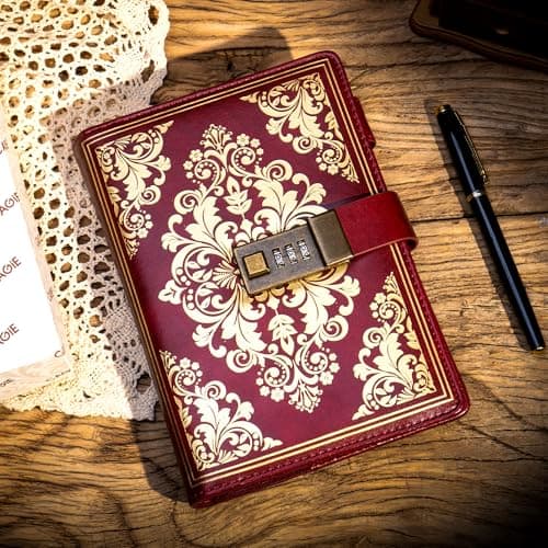 CAGIE Lock Journal for Women Vintage Refillable Diary with Lock 224 Pages Leather Locked Journal for Personal Secrets Writing with Gift Box(Red) - Thumbnail 2