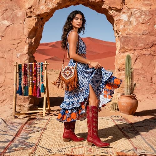 QIY Red Cowboy Boots for Women Embroidered Pointed Toe Cow Girl Classic Block Heel Nashville Knee High Western Cowgirl Boots Size 7 - Thumbnail 3