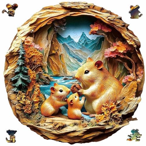 Wooden Puzzles for Adults and Kids, Autumn Wonderland Hamster Wooden Jigsaw Puzzles for Adults 200 Large Pieces, Unique Animal Shaped Wooden Puzzle Gift for Friend Family Game Home Decor 11 * 11 in