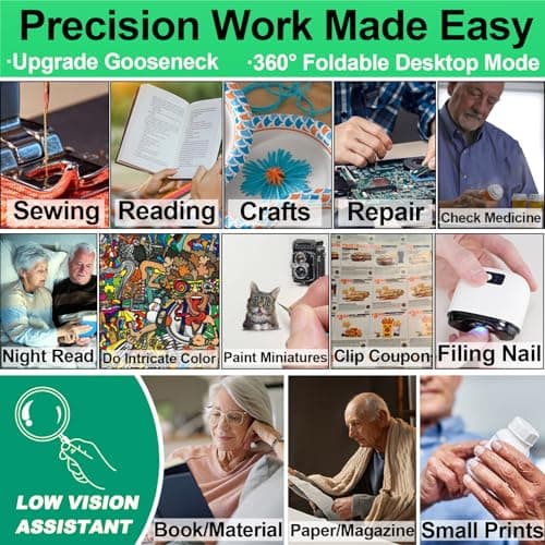 Bstsilver Large Hands-Free Magnifying Glass with 40LED Eye Care 3 Light & Detachable GooseNeck Bracket, Anti-Glare Lens Magnifier Rechargeable for Read, Close Work Needlework, Knit, Low Vision Senior - Thumbnail 3