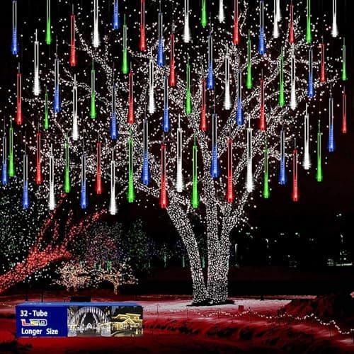 Christmas Outdoors Decoration, 32 Tubes Meteor Shower Lights Outdoor Indoor, Lauzior Snow Falling Icicle Cascading Lights for Christmas Halloween Decor Xmas Tree Holiday Yard Wedding Party, Multicolor - Image 1