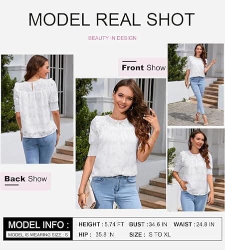 Dokotoo Womens Tops Half Sleeve Shirred Blouses for Women Dressy Casual Crewneck Lace Textured Flowy White Shirts for Women Small - Thumbnail 3