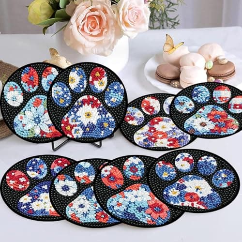 Ekuxom 8 PCS Diamond Art Coasters Kits- Paw Diamond Painting Coasters Kits with Holder Cork Pads-DIY Crystal Full Drill Rhinestone Drink Coaster for Crafts Gifts - Thumbnail 4