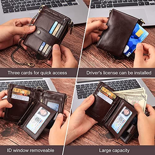 gzcz Chain Wallets for Men with Zipper Genuine Leather Bifold Rfid Blocking Card Holder Coin Pocket Wallet - Thumbnail 4