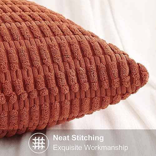 decorUhome Dark Rust Neutral Decorative Throw Pillow Covers 12x20 Inch Set of 2, Boho Soft Corduroy Striped Rectangle Pillow Covers Modern Twill Pillow Covers for Couch Bed Sofa Living Room - Thumbnail 3