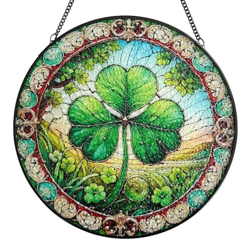 Stained Glass Window Hanging, Shamrock Suncatcher Decor, Clover Wall Art Ornament Decorations for Home Bedroom Garden Farmhouse, Birthday Housewarming Gift for Women Mom, 7.8 Inch