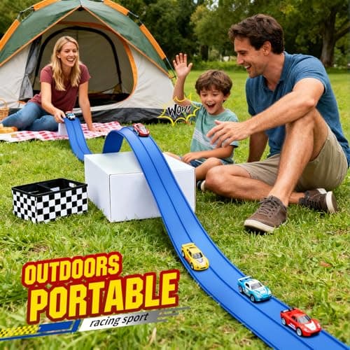 MozoaLata Flexible Race Track for Kids 15ft Race Car Track, Rolls Up Portable Racetrack Compatible with Hot Wheels & Diecast 1/64th Cars,2025 Christmas Birthday Gift, (2 Lane Tracks - Blue) - Thumbnail 2