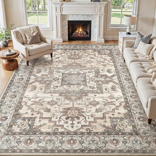 Jessibou 8x10 Area Rugs Living Room: Washable Vintage Rug Large Non-Slip Stain Resistant Ultra Soft Low Pile Pet Kids Friendly Carpets for Bedroom Dining Room Nursery Home Office Decor - Light Brown - Image 1