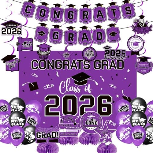 2026 Graduation Decorations Set Congrats Grad Banner Class of 2026 Backdrop Balloons Swirls Honeycomb Centerpieces Purple Graduation Party Supplies for High School College Grad Decor - Image 1