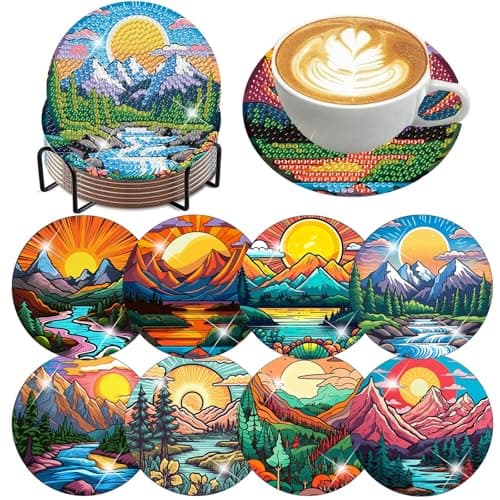 Ekuxom 8 PCS Sunset Diamond Art Coasters Kits- Landscape Diamond Painting Coasters Kits with Holder Cork Pads-DIY Crystal Full Drill Rhinestone Drink Coaster for Crafts Gifts - Image 1