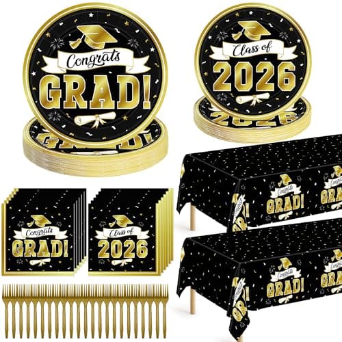 QZYL 122 Pcs Congrats Grad Plates Napkins and Tablecloth Set, 2026 Graduations Decrations Party Dinnerware, Black Gold Disposable Graduation Plates 2026 Decorations Class of 2026, Serve 30 - Image 1