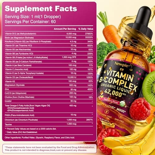 Newpie Vitamin B Complex Liquid Drops - B12 Methylcobalamin, B6, B1, Niacin & Folate, Biotin, Vitamin C, Choline, Inositol, CoQ10 & Taurine - Methylated Sublingual for Energy & Focus - Vegan, Organic - Thumbnail 2
