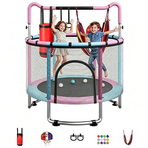 55"Kids Trampoline w/Enclosure Net,Hoop&Sandbag,440LBS Load,Adjustable Height