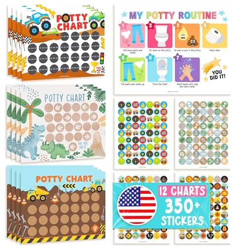 Hadley Designs Potty Training Chart for Toddler Boys - Bundle Sticker Chart for Kids Potty Training Rewards, Sticker Potty Chart for Toddlers Boys, Toilet Stickers Reward Chart for Kids 3 Fun Designs - Image 1